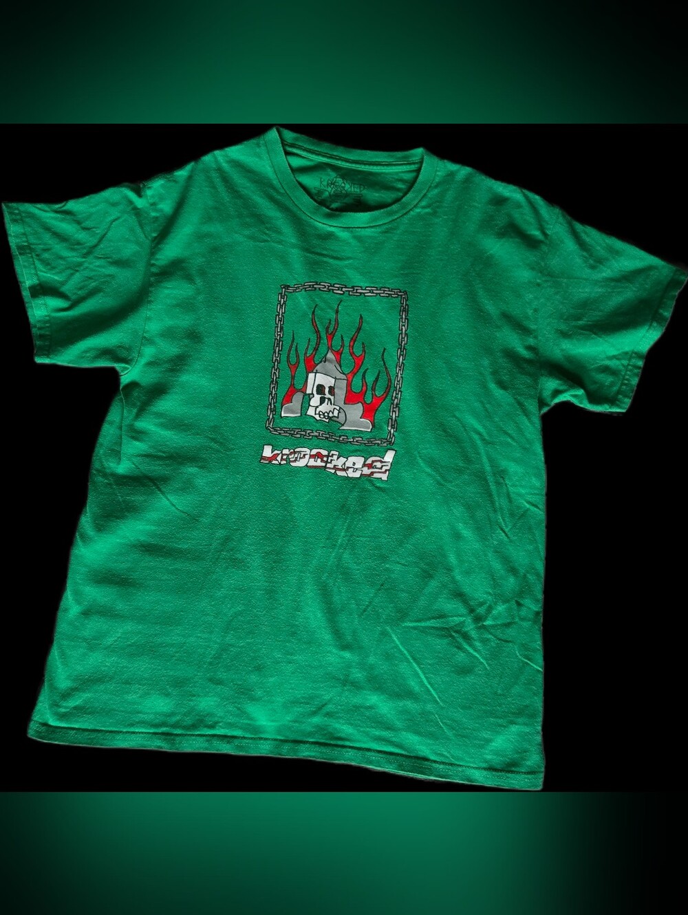 Krooked Skateboards Chain Frame Flaming Skull T-Shirt Green Men's L